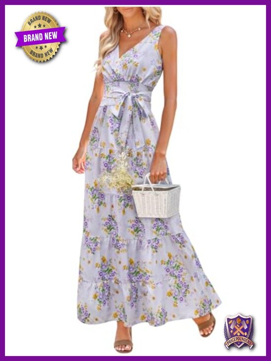 Dresses & Skirts - Sleeveless Boho Floral Maxi Dress Wrap Vneck Smocked Tie Flowy Ruffle Tiered
